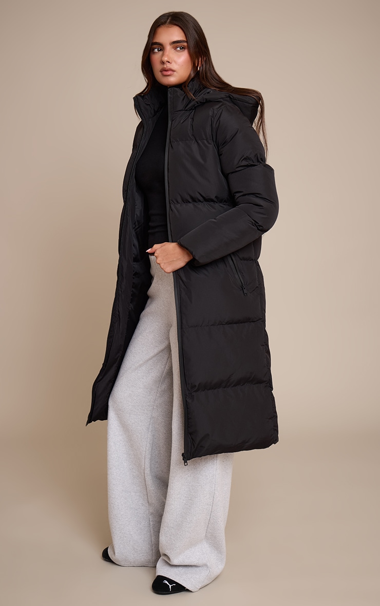 Black Longline Hooded Puffer Coat image 3