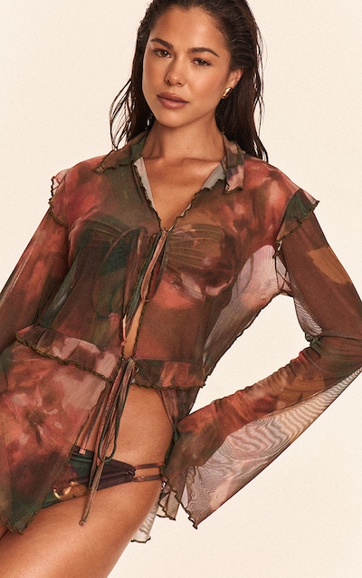 Multi Water Color Print Mesh Frilly Tie Front Beach Top