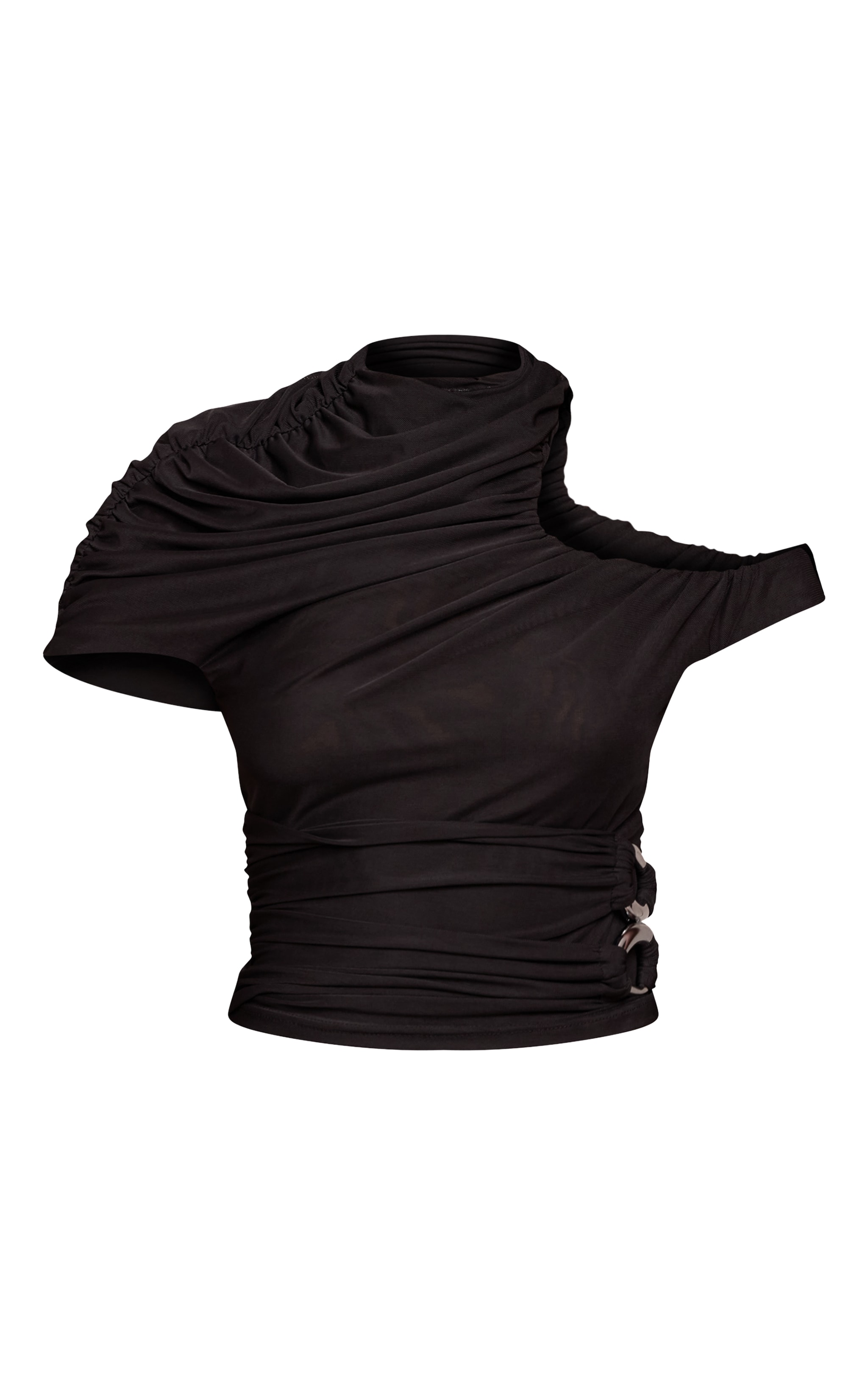 Black Double Layer Mesh Ruched Trim Detail Top image 5