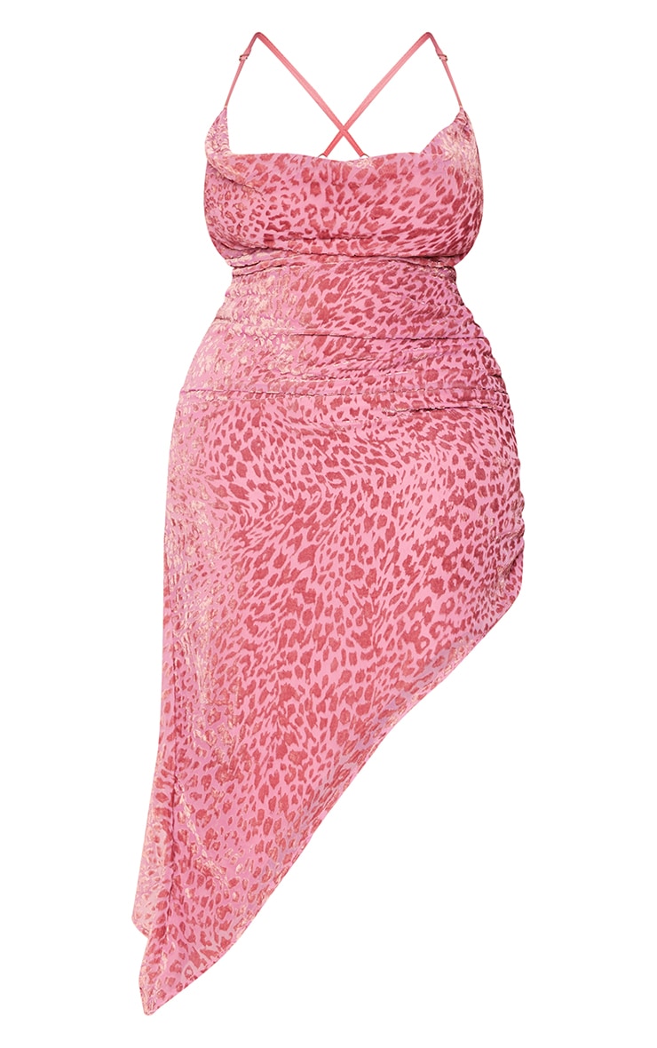 Plus Pink Leopard Devore Lace Up Back Cowl Neck Midi Dress image 1