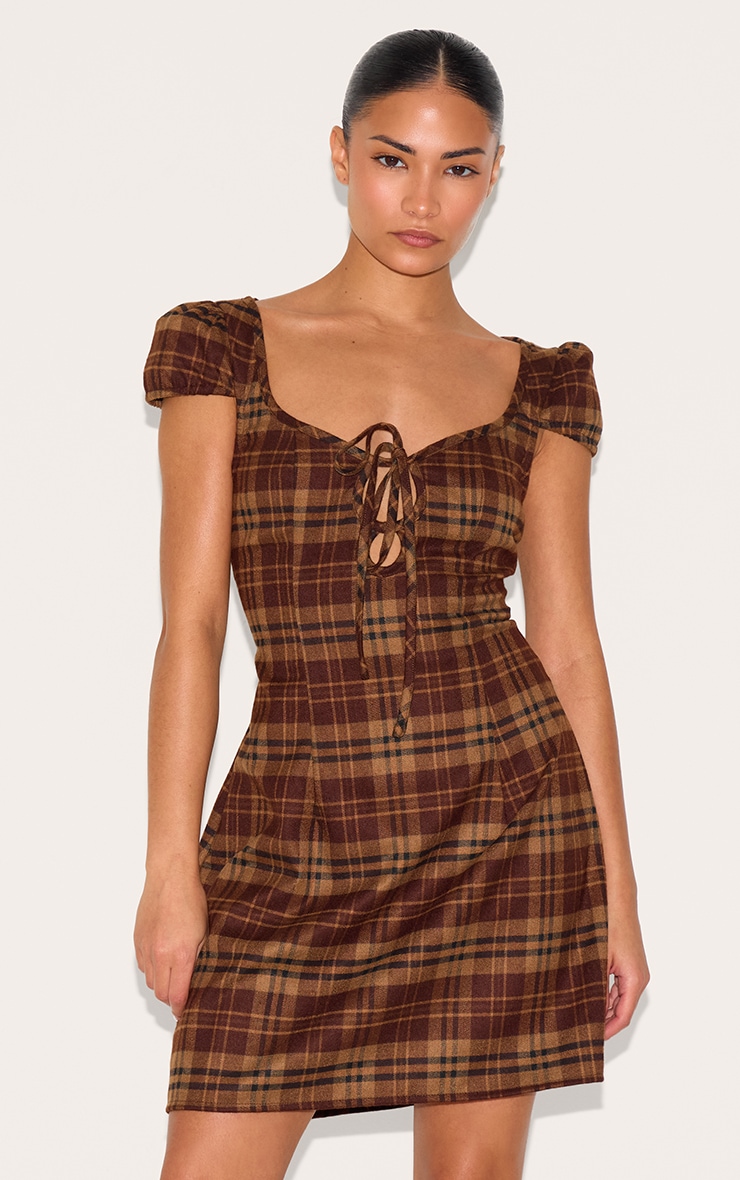 Petite Brown Checked Front Tie Mini Dress image 1