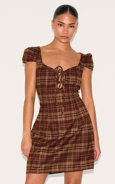 Petite Brown Checked Front Tie Mini Dress