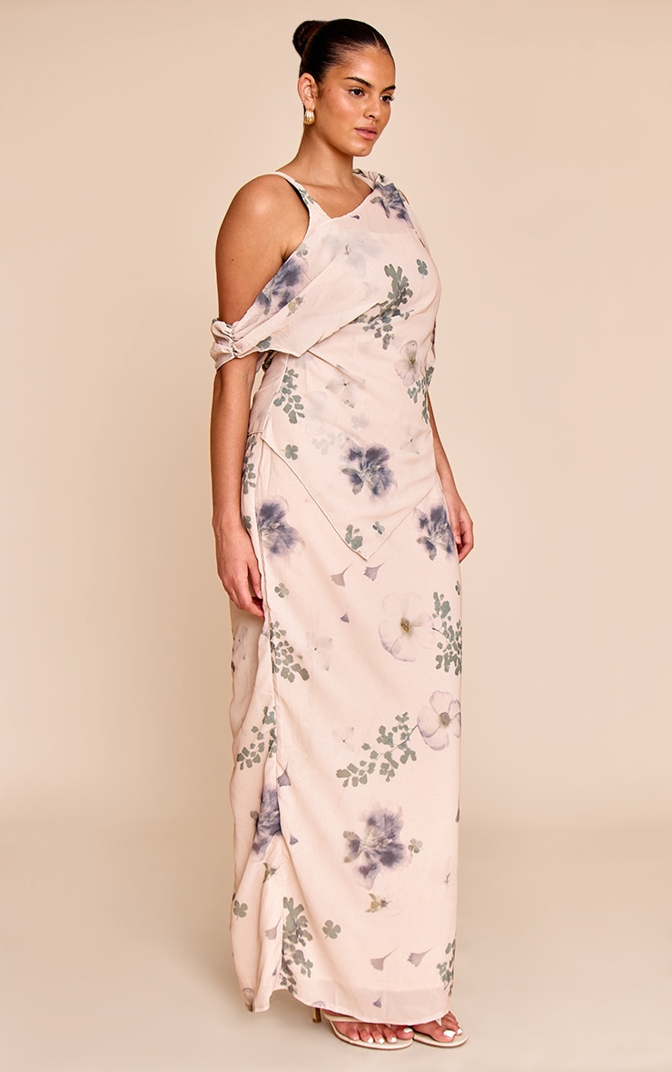 Plus Sand Abstract Printed Chiffon Draped Maxi Dress image 4