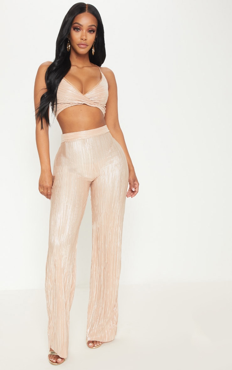 Shape Stone Metallic Pleated Wide Leg Pants PLT KSA
