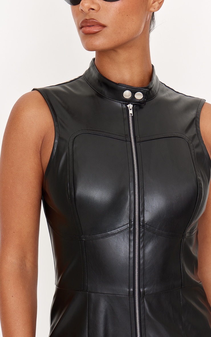 Black Faux Leather Zip Up Sleeveless Romper image 4