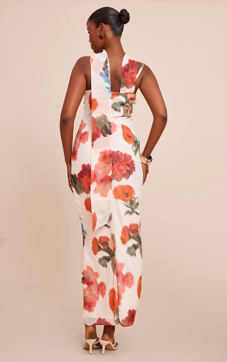 White Floral Print Chiffon Scarf Maxi Dress image 2