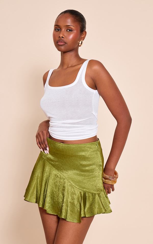 Olive Textured Satin Scalloped Edge Mini Skirt