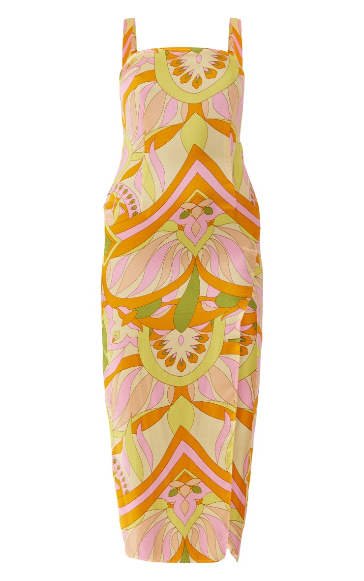 Orange Abstract Print Woven Split Midaxi Dress PrettyLittleThing QA