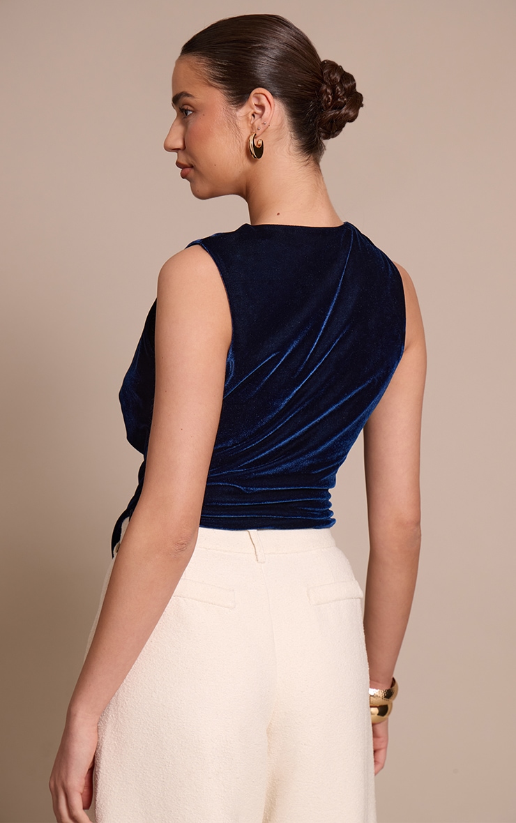 Navy Velvet Trim Detail Cowl Neck Top image 2