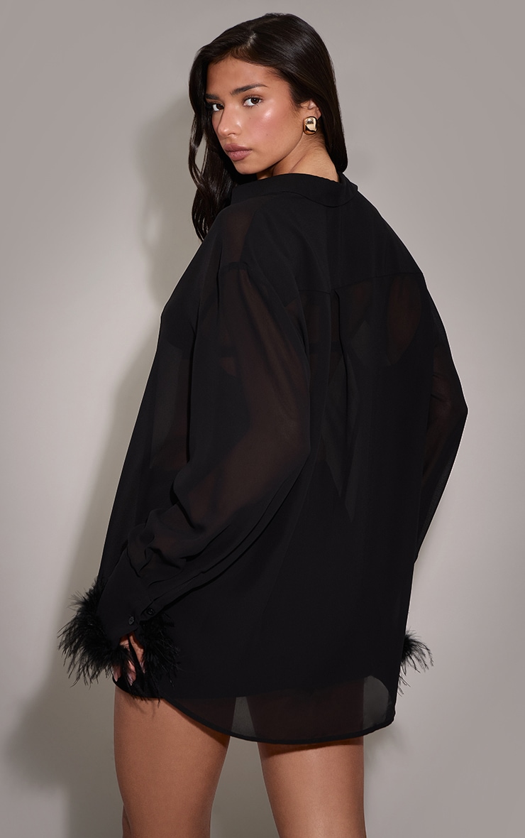 Black Oversized Sheer Feather Cuff Shirt image 2
