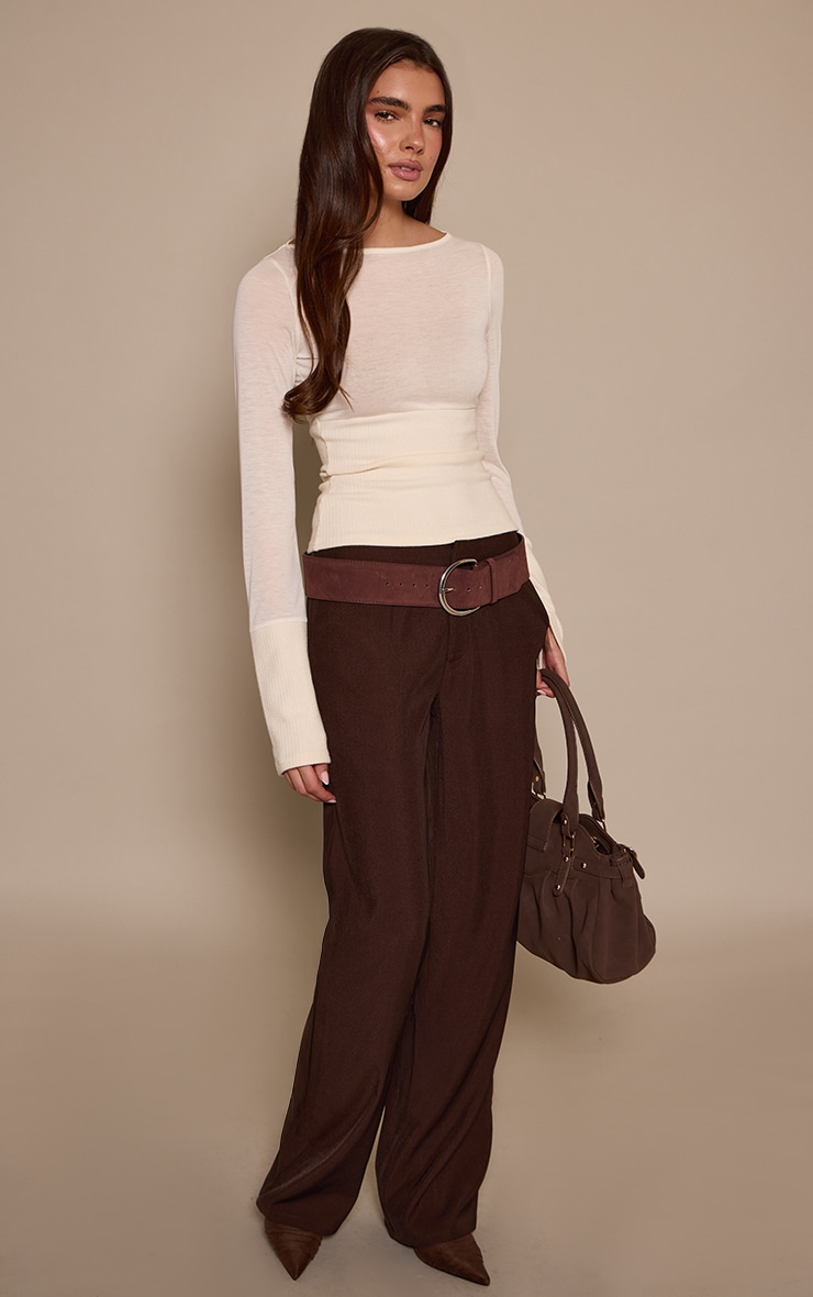 Cream Contrast Jersey Rib Long Sleeve Fitted Top image 3