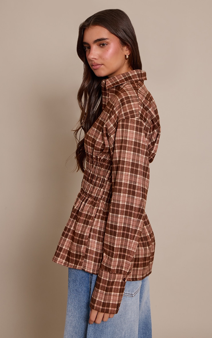 Brown Check Shirred Waist Shirt  image 2