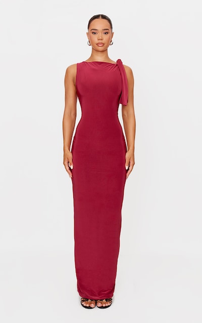 Robe longue moulante drapée bordeaux à noeud