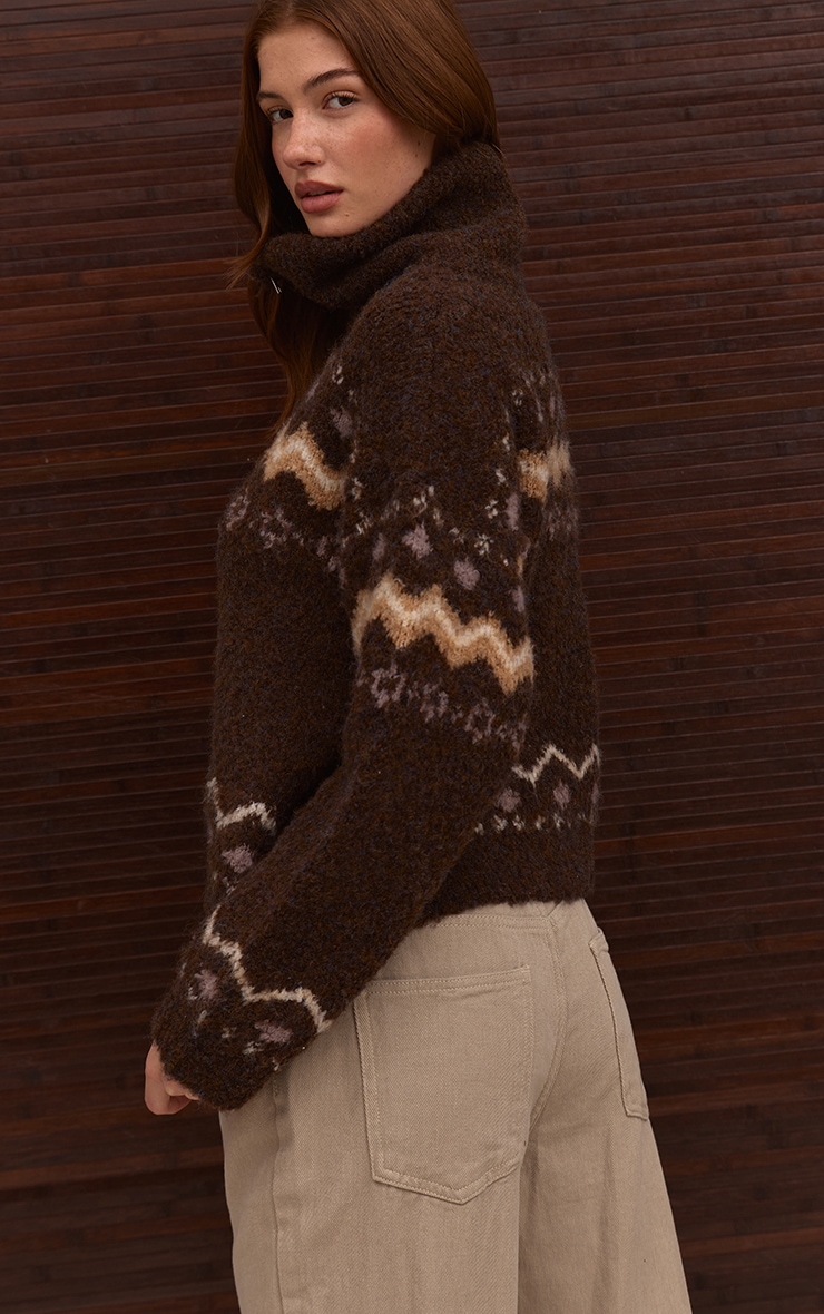 Brown Fairisle Zip Knit Cardigan image 4