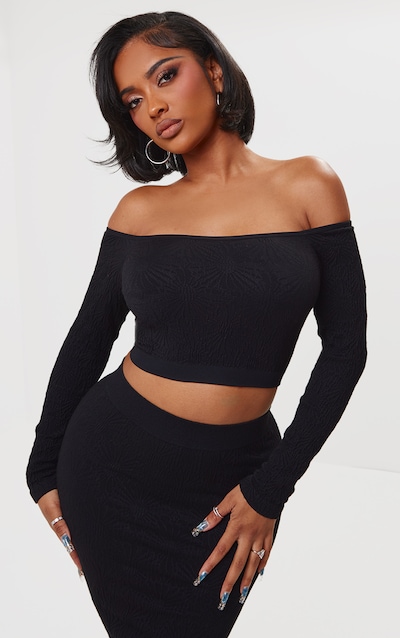 Shape Crop top texturé noir style bardot à manches longues et sans coutures
