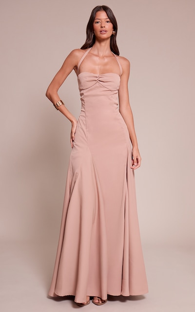 Taupe Woven Halterneck Ruched Bust Detail Maxi Dress