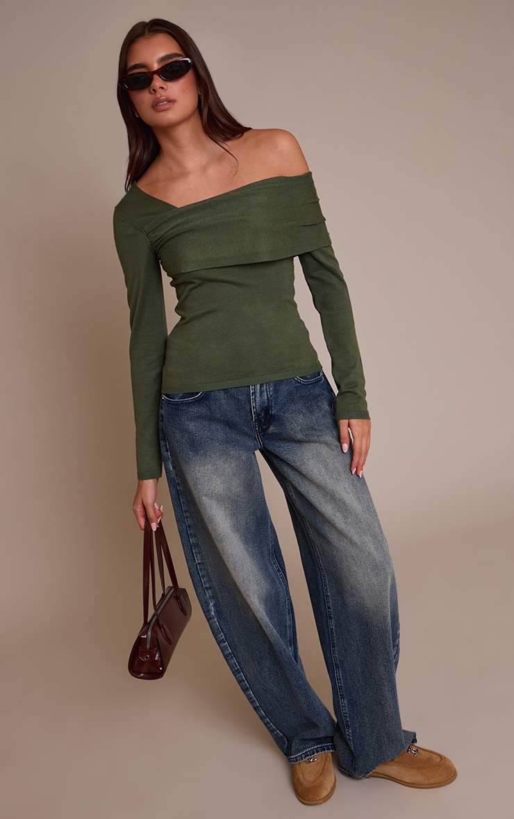 Olive Long Sleeve Asymmetric Shoulder Knitted Top image 3
