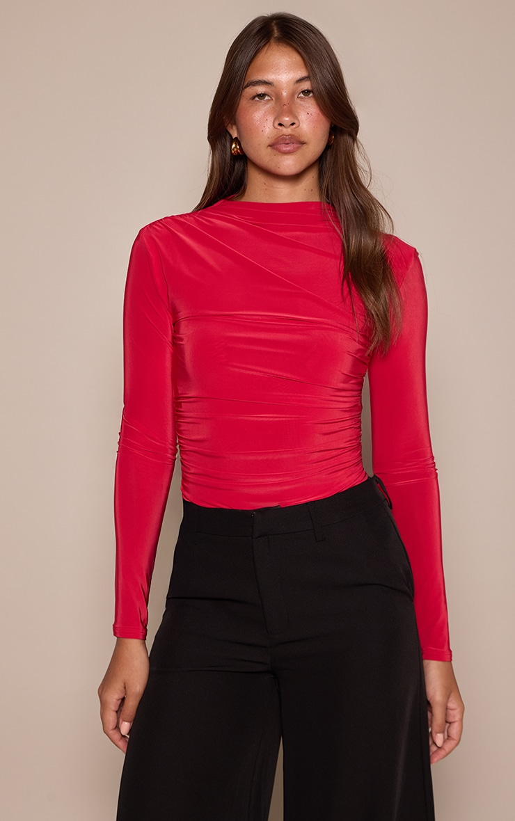 Red Double Layer Slinky Ruched Drape Detail Long Sleeve Bodysuit image 1