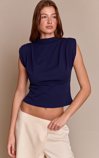 Navy Shoulder Pad Pleated Boat Neck Top