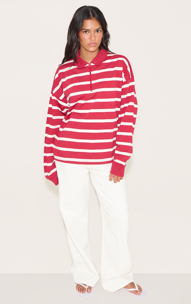 Red Loopback Sweat Stripe Quarter Zip Sweatshirt image 3