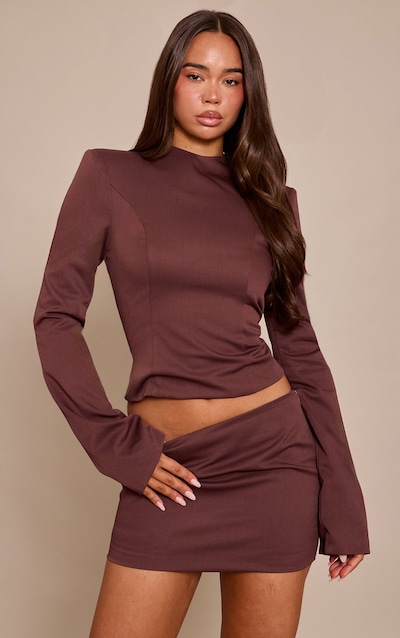 Dark Brown Twill Tailored High Neck Long Sleeve Top