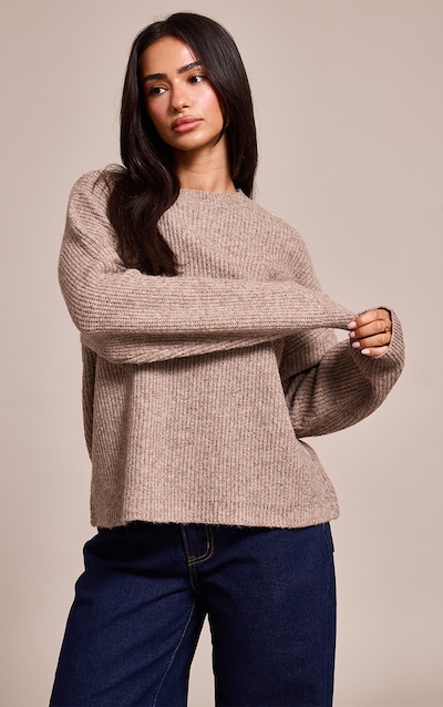 Petite Sweat en maille tricot taupe à col rond et manches raglan
