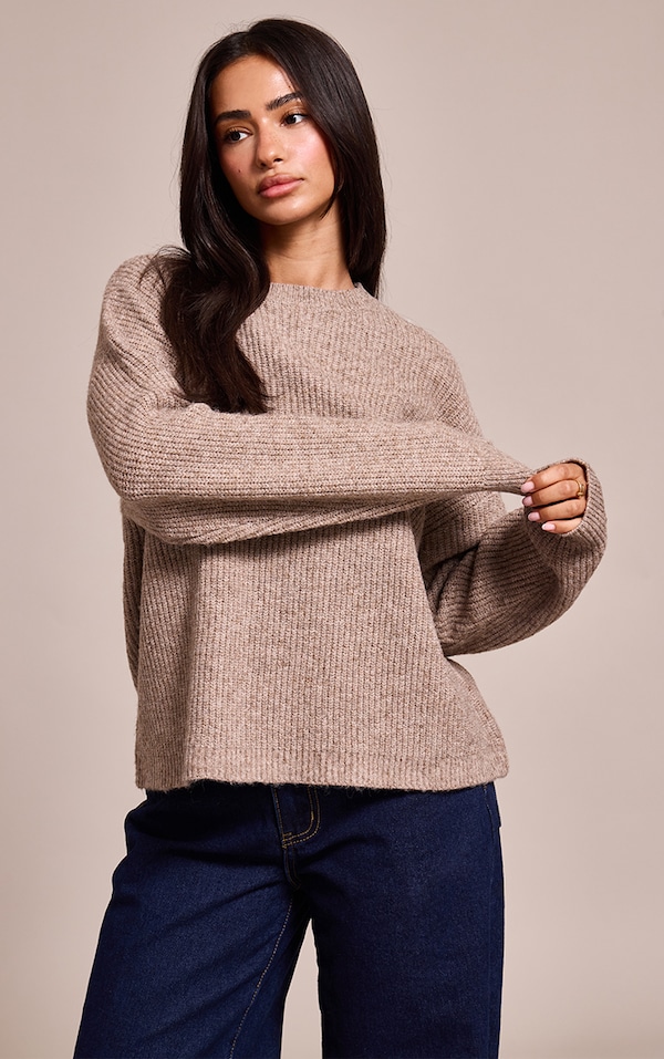 Petite Taupe Round Neck Knit Raglan Sleeve Sweater