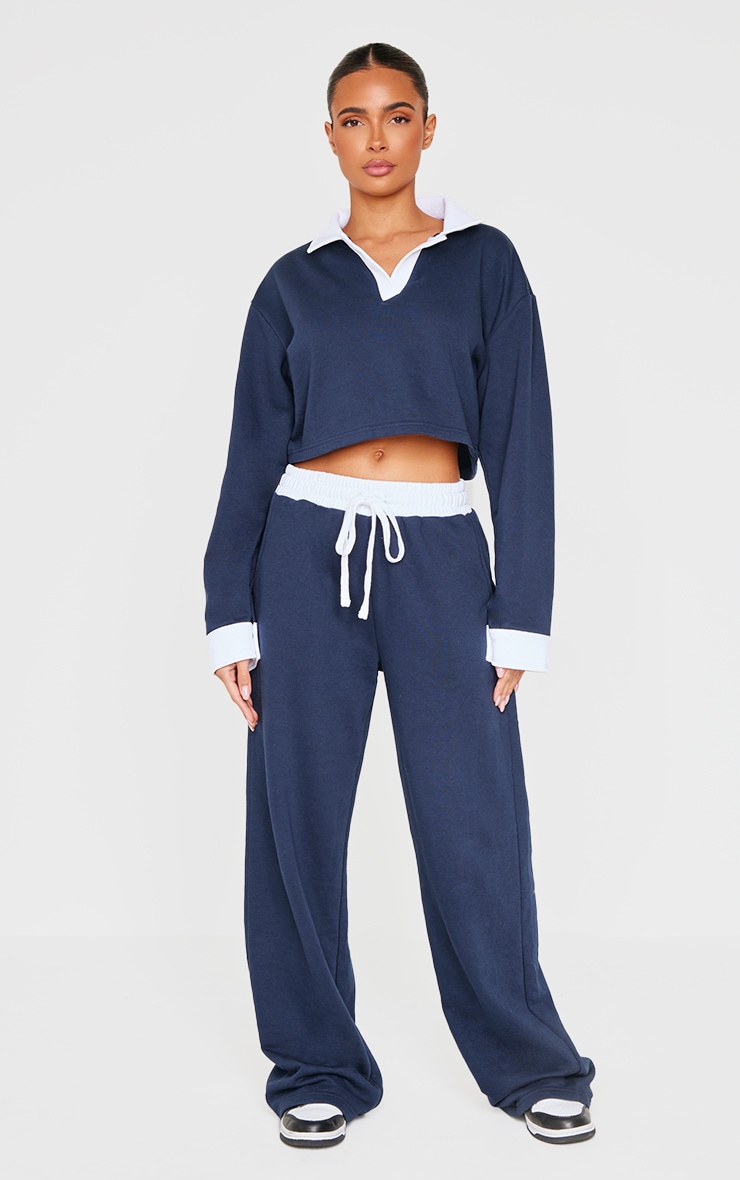 Navy Contrast Panel Collared Cropped Sweatshirt image 3