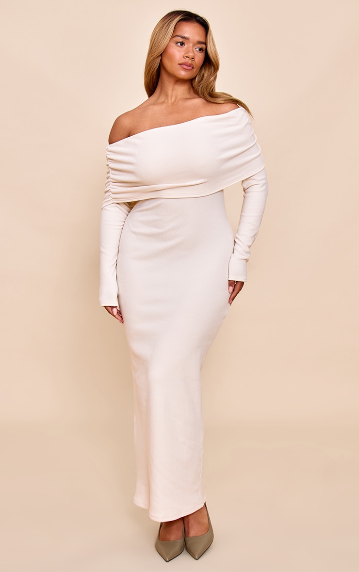 Shape Oatmeal Ribbed Bardot Long Sleeve Maxi Dress image 1
