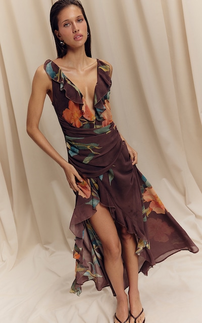 Brown Floral Chiffon Frill Plunge Strappy Maxi Dress