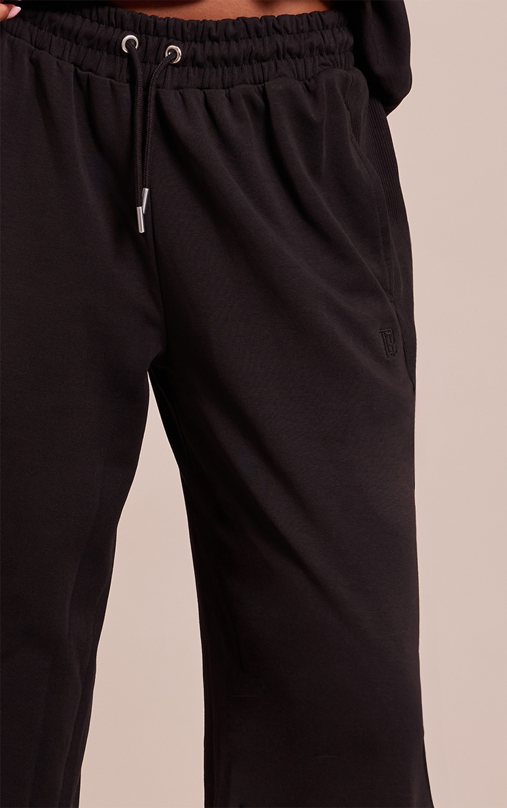 Tall Black Embroidered Interlock Rib Panel Wide Leg Sweatpants image 4