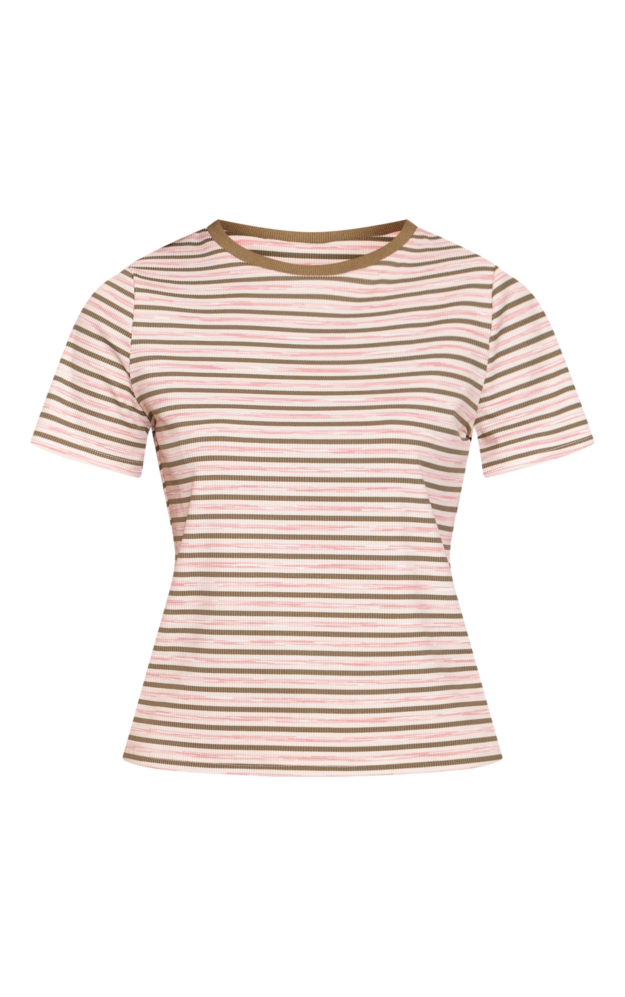 Khaki  Soft Rib Striped Detail  Fitted Short Sleeve Top  image 5