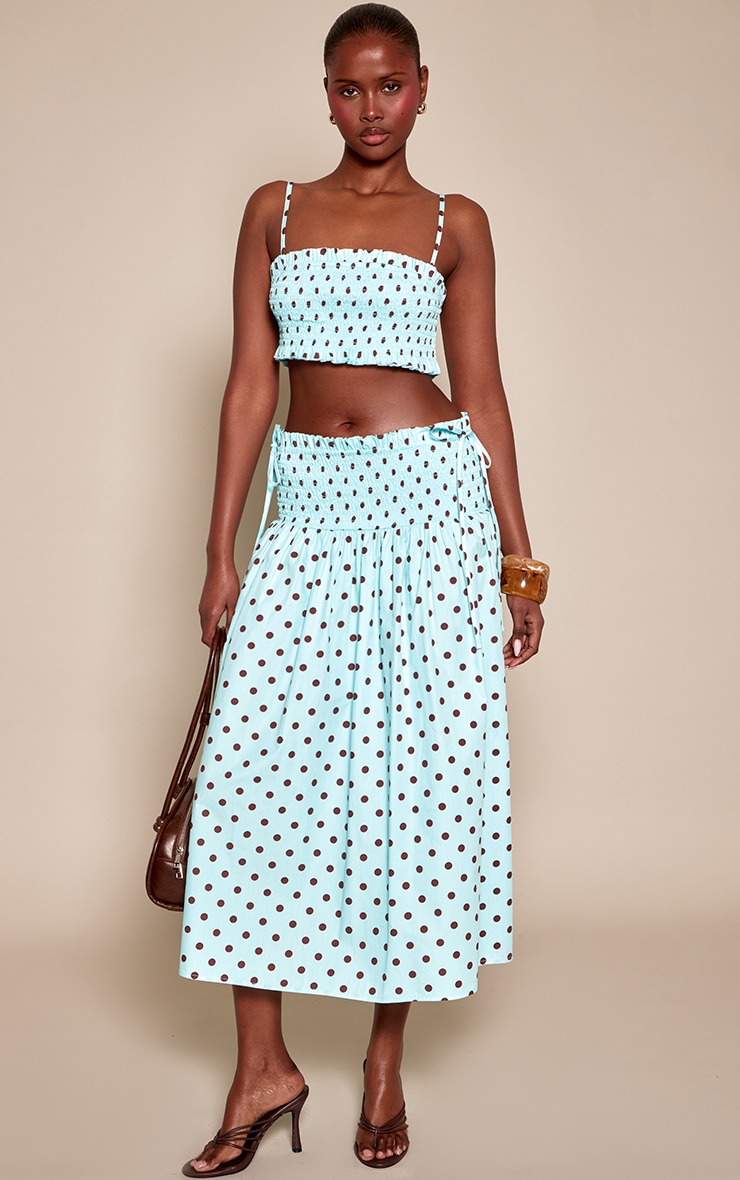 Baby Blue Polka Dot Shirred Maxi Skirt