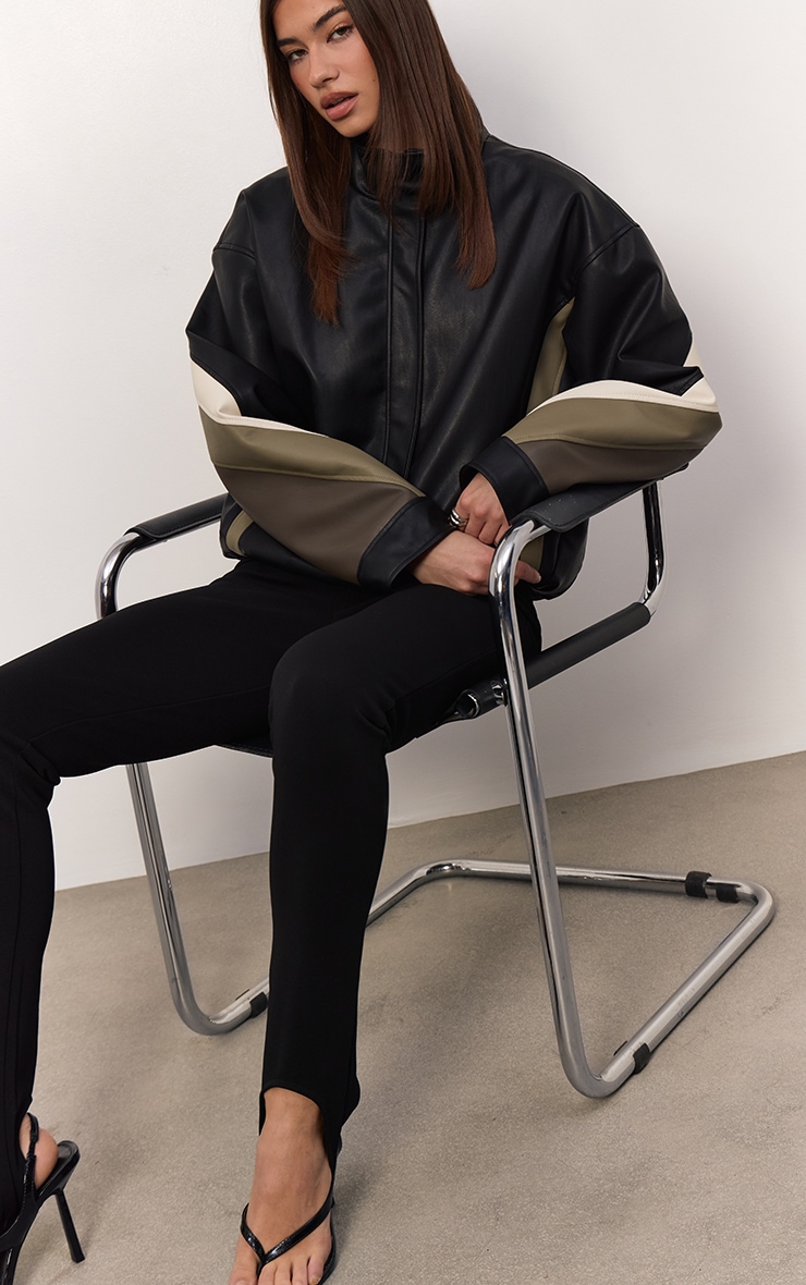 Black Contrast Panel Funnel Neck Faux Leather Biker Jacket image 4