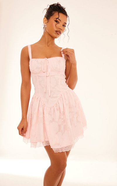 Pink Jacquard Ruched Cup Detail Shift Dress
