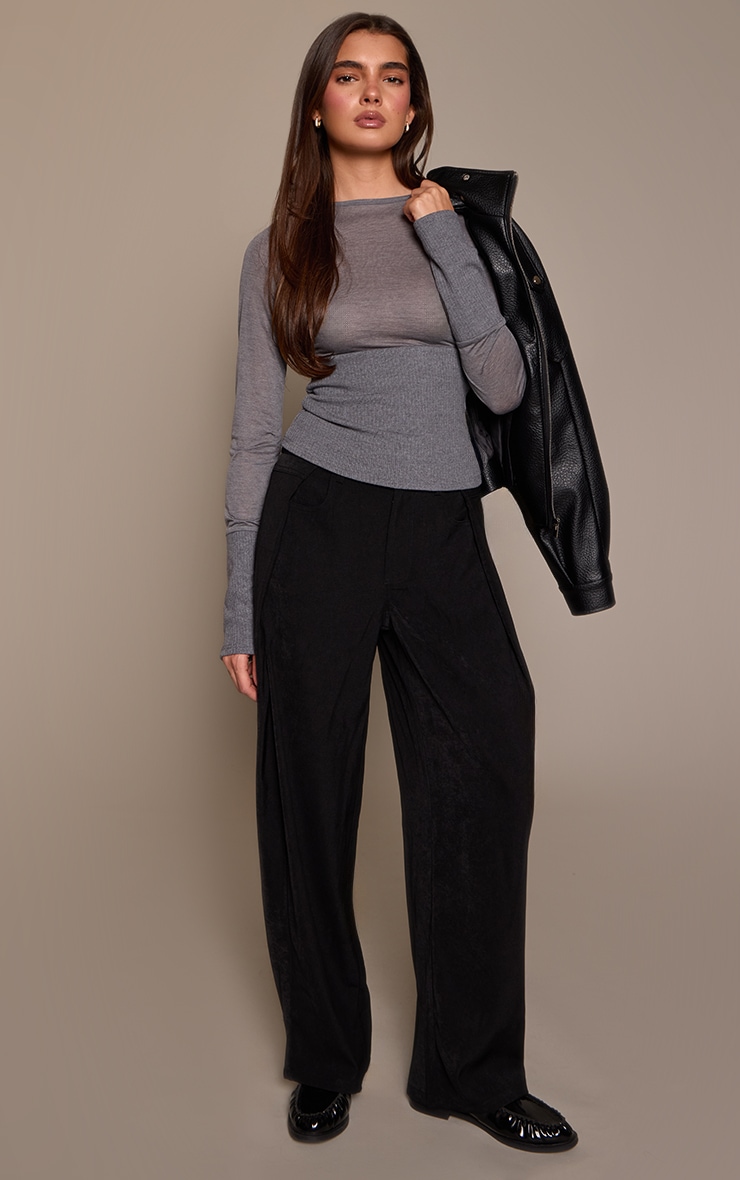 Black Woven Side Pleat Wide Leg Trousers