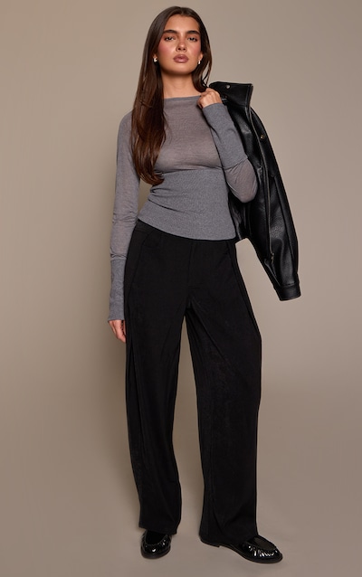 Black Woven Side Pleat Wide Leg Pants