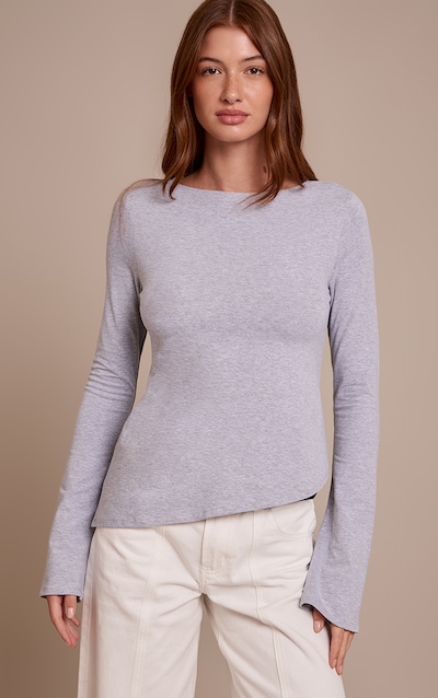 Grey Marl Cotton Asymmetric Hem Flared Long Sleeve Top