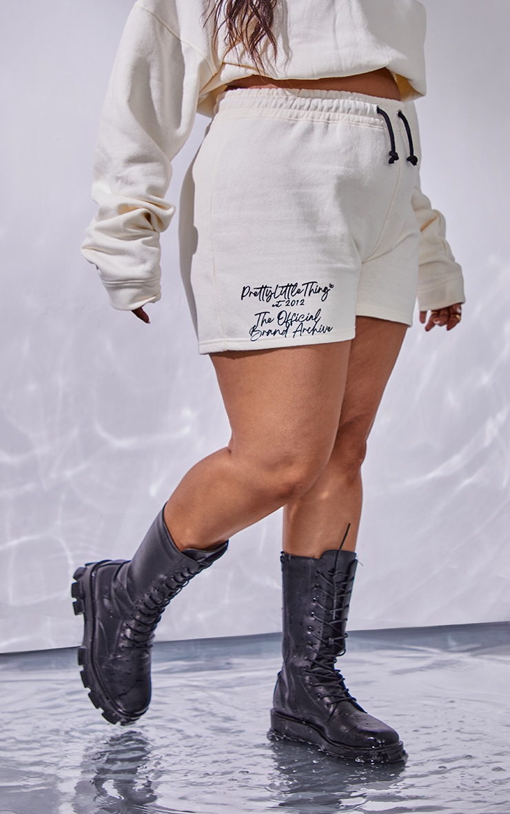 PRETTYLITTLETHING Plus Cream Drawstring Waist Sweat Shorts image 2