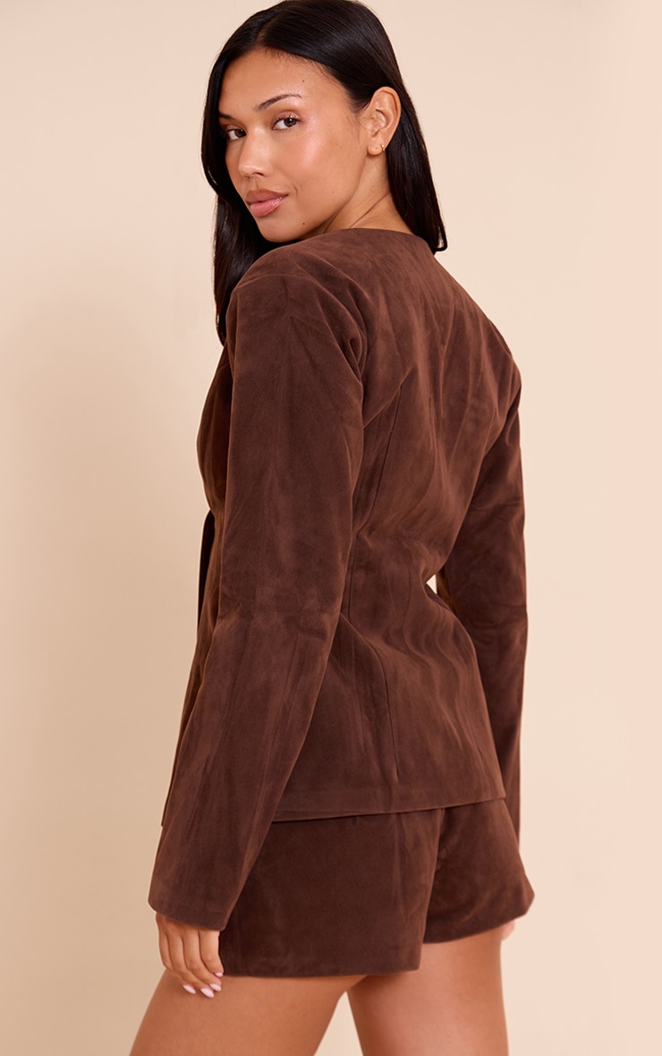 Dark Brown Structured Faux Suede Cinched Waist Blazer image 2