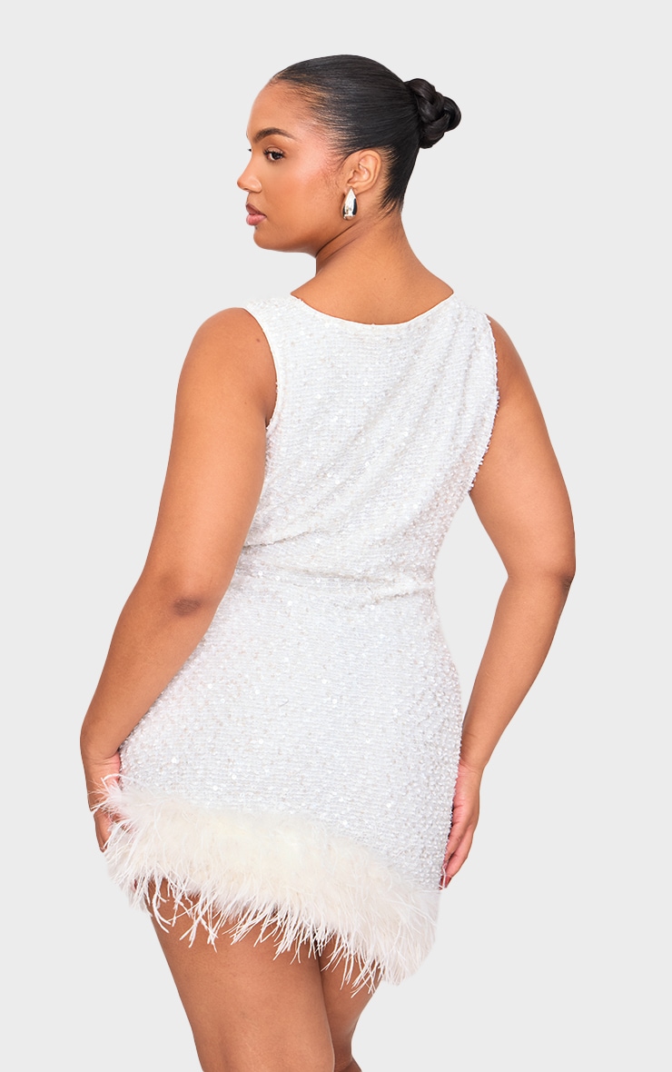 Plus White Sequin Scoop Neck Feather Hem Shift Dress image 2