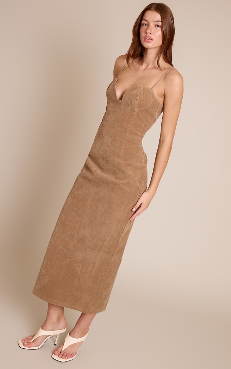 Tan Faux Suede Bodycon Maxi Dress image 3