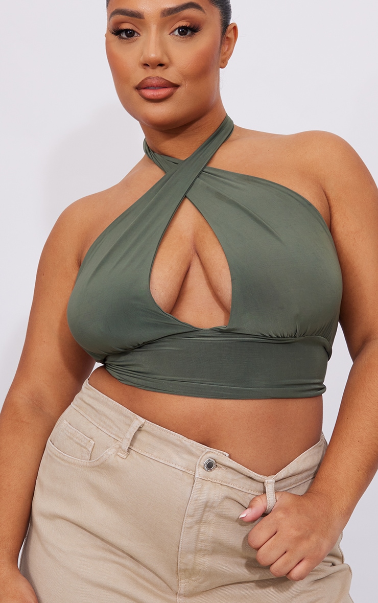 Plus Khaki Slinky Tie Back Crop Top image 4