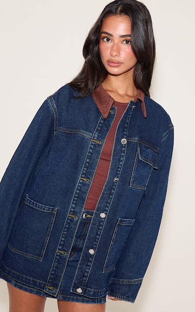 Petite Mid Blue Wash Contrast Collar Utility Denim Jacket