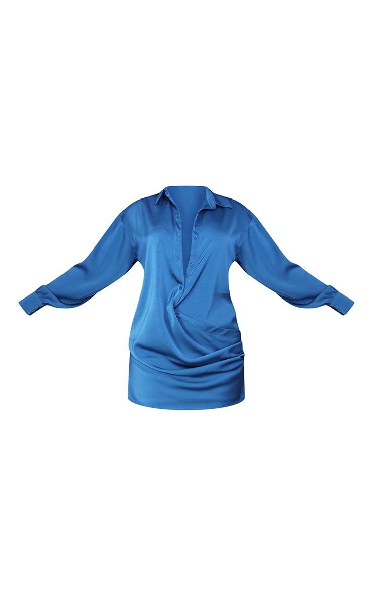 Bright Blue Cowl Draped Satin Shirt Dress image 5