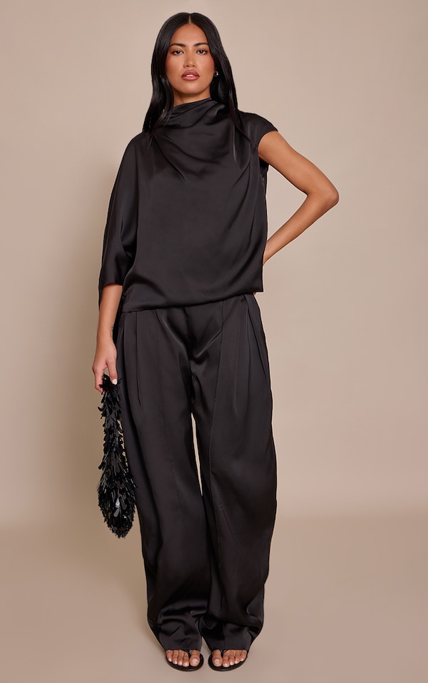 Black Satin Panel Detail Pants