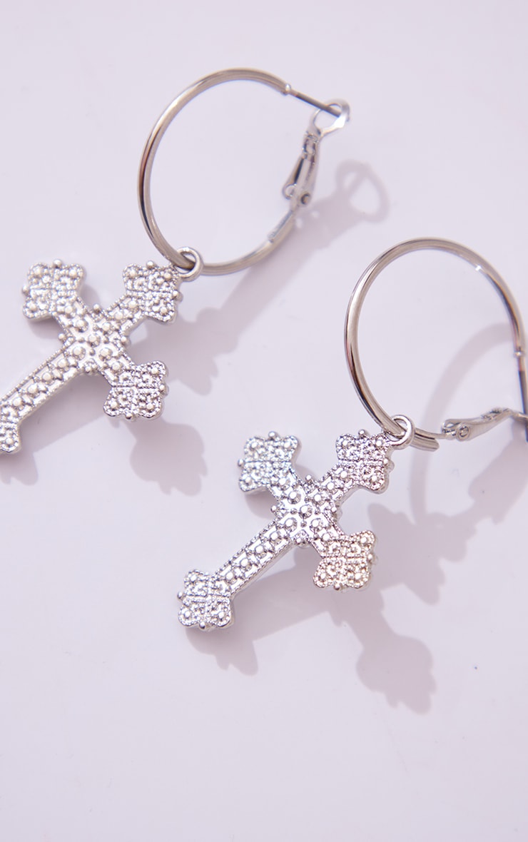 Silver Cross Hoop Earrings image 2