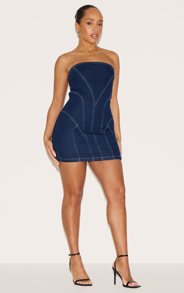 Shape Indigo Stretch Denim Seam Detail Bandeau Mini Dress image 3