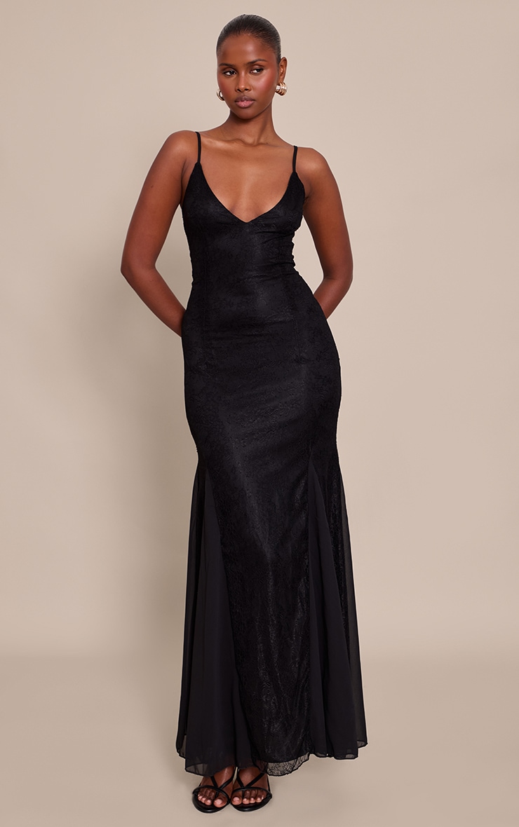 Black Lace Godet Detail Maxi Dress image 1