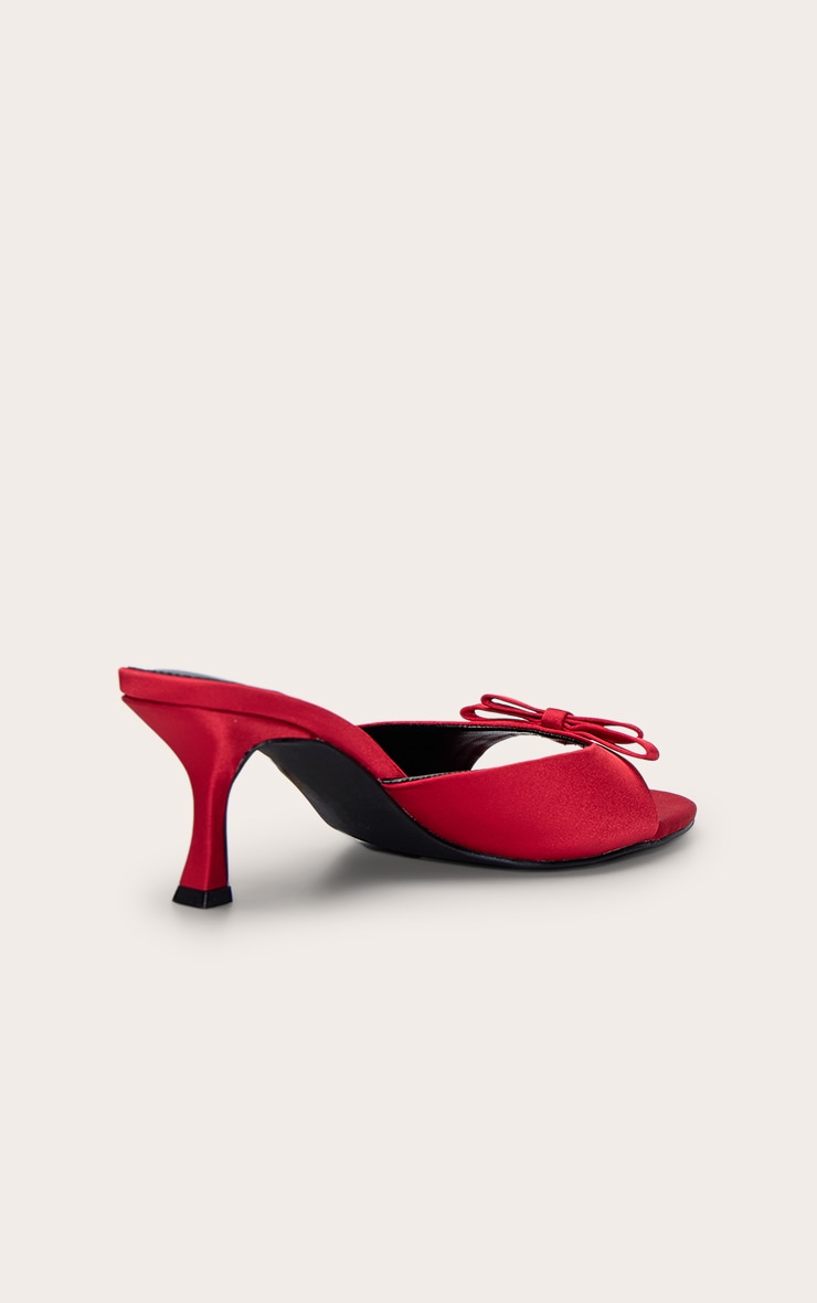 Bright Red Satin Round Toe Bow Strap Low Heel Open Toe Mules image 4